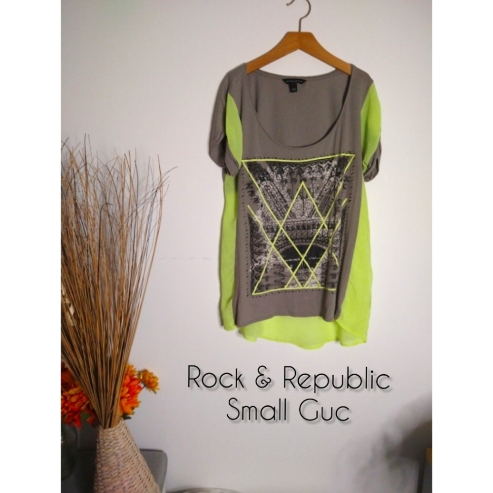 Rock & Republic Small Gray Neon Green Top